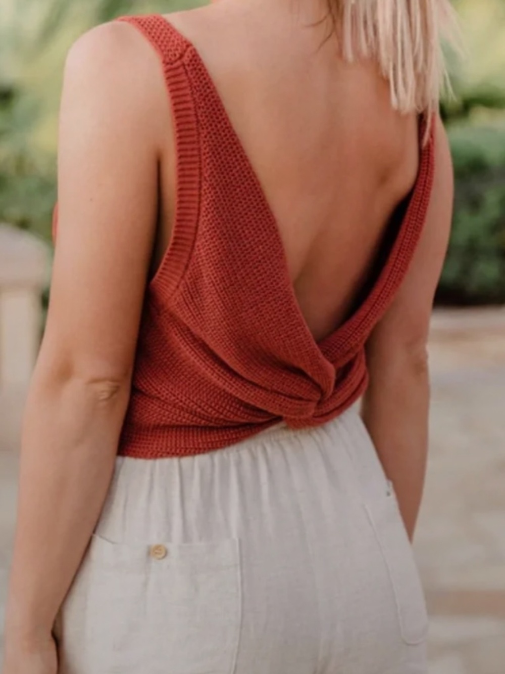 Pink Lily Our Time Away Rust Twist Back Sweater Tank - Cozy Knit Open Back